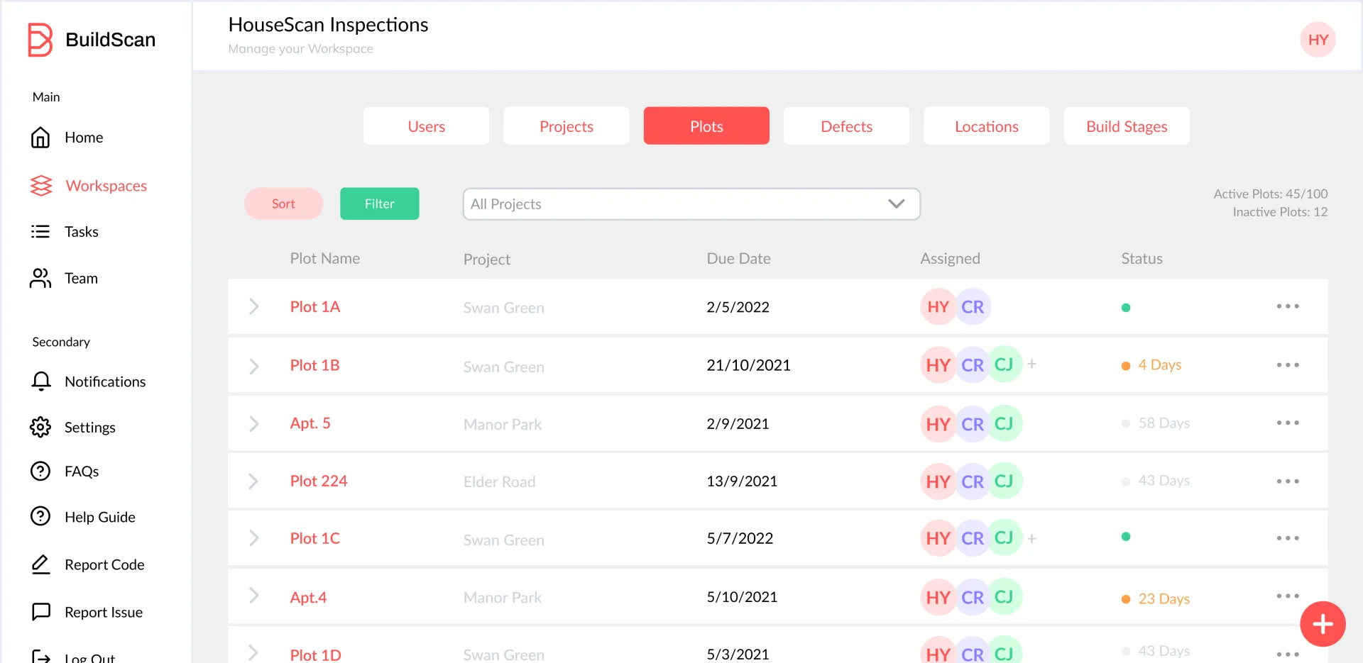 Screenshot of BuildScan app, showing workspaces.